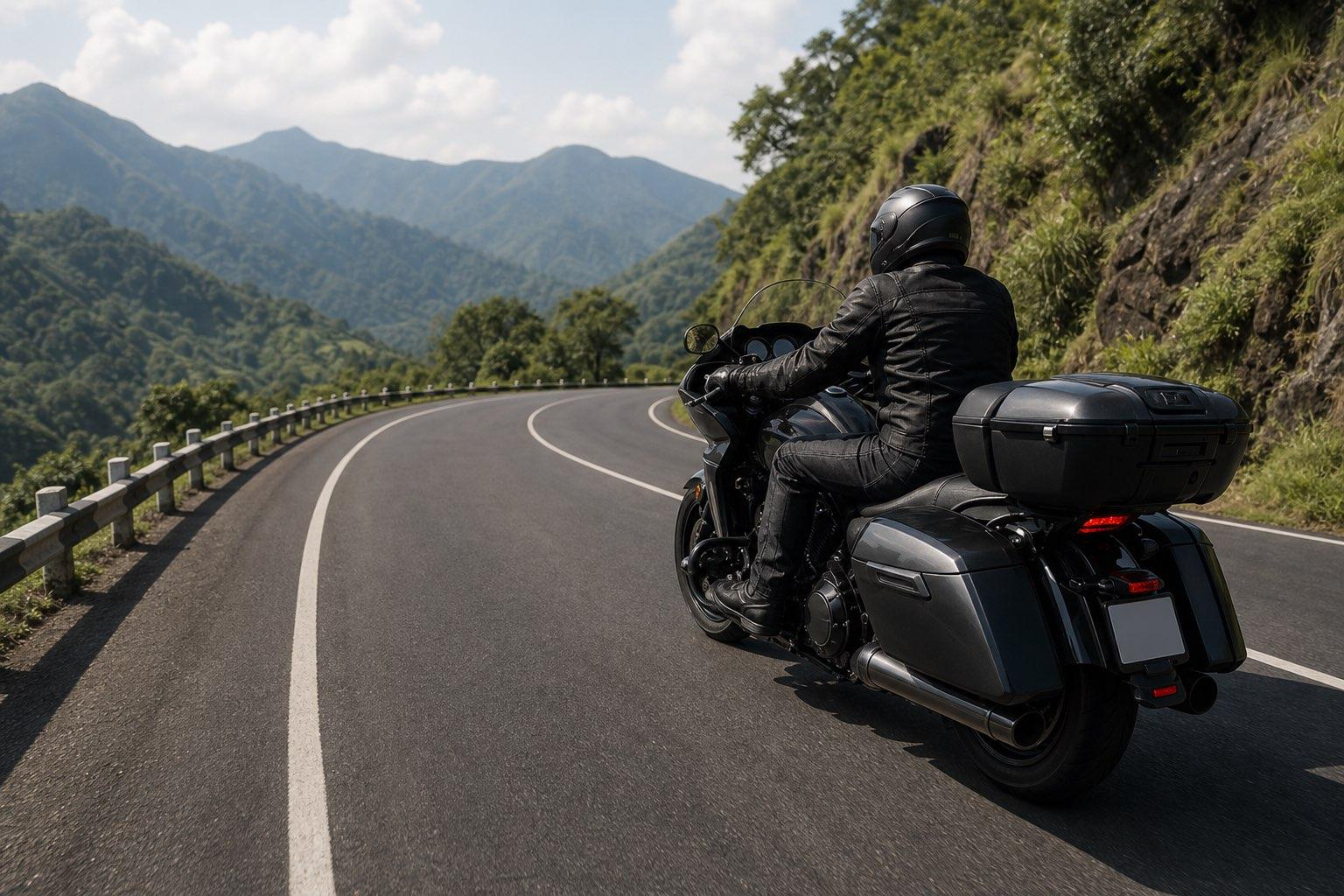A touring rider following a mountain road
